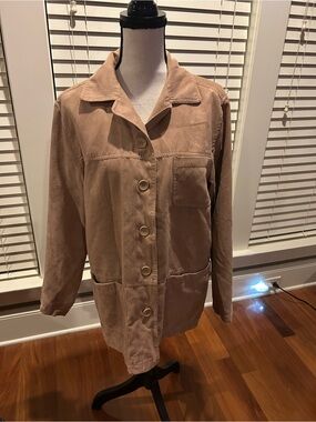 FU DA New York TAN FAUX SUEDE Button Front Relaxed Fit JACKET Coat Size M EUC!